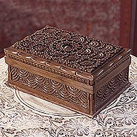 Walnut wood jewelry box, 'Kashmir Elegance' - Hand Carved Walnut Wood Jewelry Box with Floral Motif