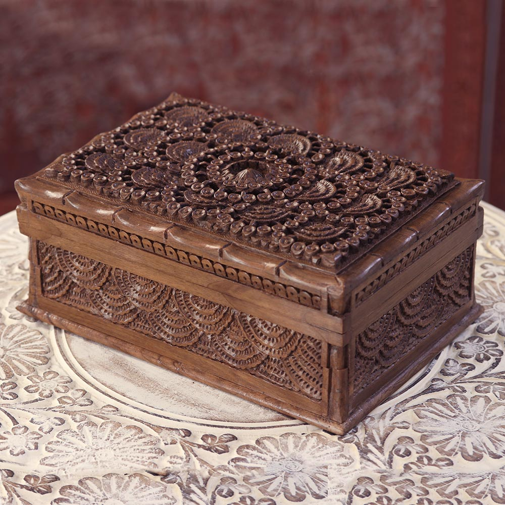Hand Carved Walnut Wood Jewelry Box with Floral Motif - Kashmir Elegance |  NOVICA