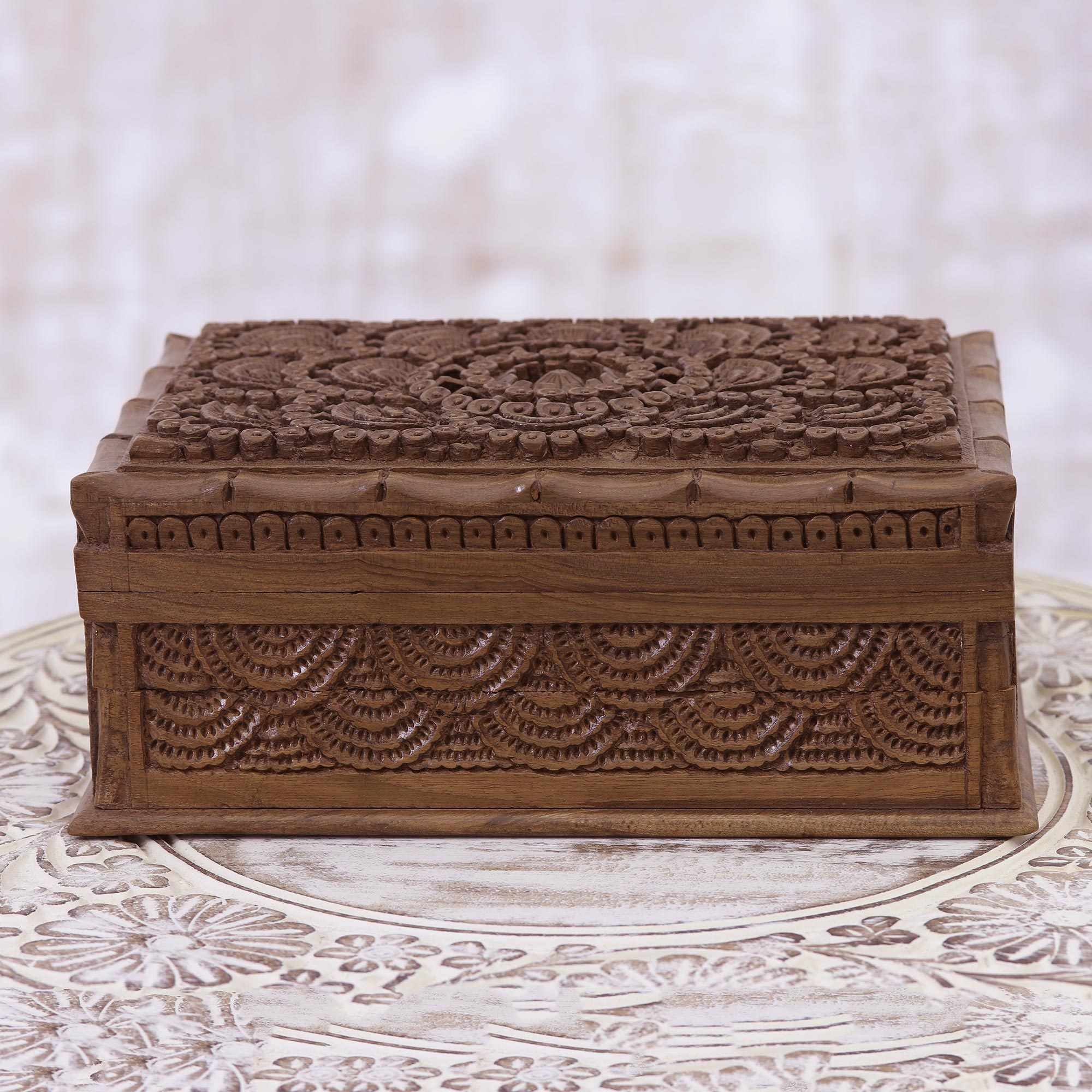 Hand Carved Walnut Wood Jewelry Box with Floral Motif Kashmir