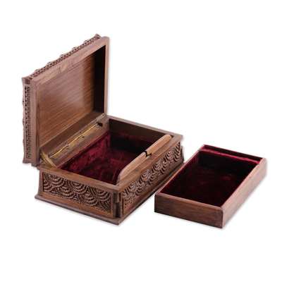 Hand Carved Walnut Wood Jewelry Box with Floral Motif - Kashmir 