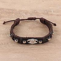 Leather wristband bracelet, 'Starry Pendant' - Metal Accent Leather Wristband Bracelet from India