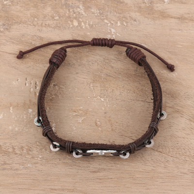 Leather wristband bracelet, 'Starry Pendant' - Metal Accent Leather Wristband Bracelet from India