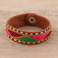 Embroidered leather wristband bracelet, Vibrant Waves