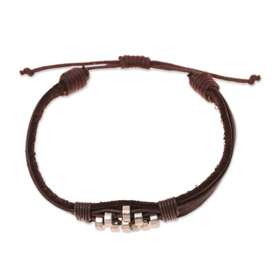 Leather wristband bracelet, 'Heavenly Beads' - Diamond Pattern Leather Wristband Bracelet from India