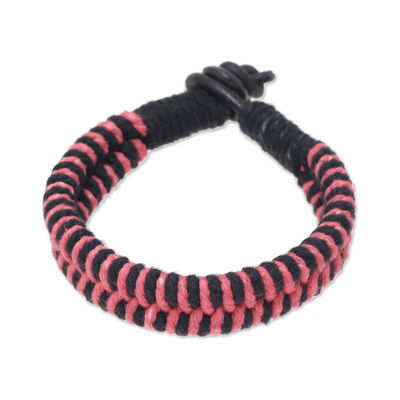 Carnation and Black Cotton and Leather Wristband Bracelet