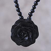 Ebony wood beaded pendant necklace, 'Royal Rose' - Rose Flower Ebony Wood Beaded Pendant Necklace from India