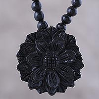 Ebony wood beaded pendant necklace, 'Exotic Sunflower' - Sunflower Ebony Wood Beaded Pendant Necklace from India