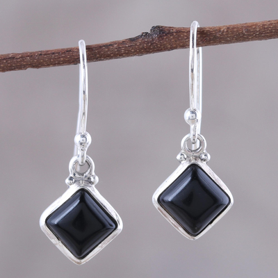 Onyx dangle earrings, 'Happy Kites in Black' - Square Onyx Dangle Earrings Crafted in India
