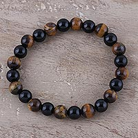 Tiger's eye and onyx beaded stretch bracelet, 'Silent Forest'