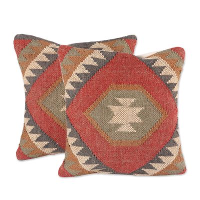 Jute cushion covers, 'Creative Fusion' (pair) - Jute Cushion Covers with Geometric Patterns (Pair)