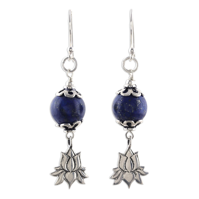 Lapis Lazuli Lotus Dangle Earrings from India