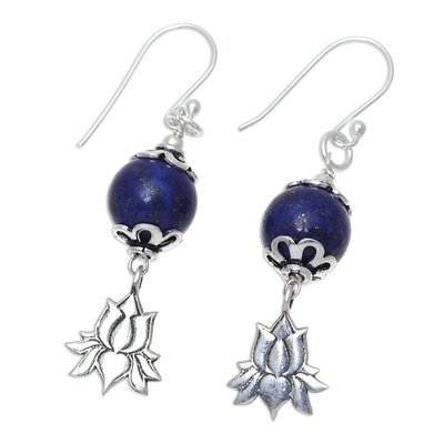 Lapis lazuli dangle earrings, 'Lotus Passion' - Lapis Lazuli Lotus Dangle Earrings from India