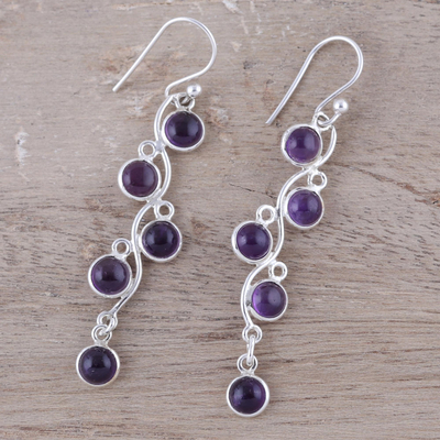 Amethyst dangle earrings, 'Juicy Vine' - Sterling Silver and Amethyst Dangle Earrings from India