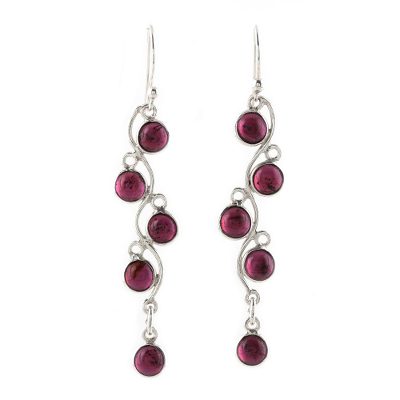 Garnet dangle earrings, 'Juicy Vine' - Sterling Silver and Garnet Dangle Earrings from India