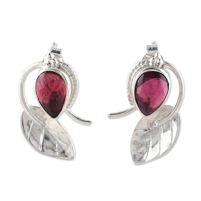 Garnet button earrings, 'Leafy Drops' - Leaf-Shaped Garnet Button Earrings from India