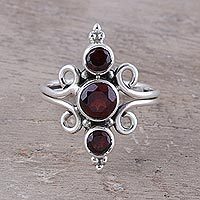 Garnet cocktail ring, 'Trio Glitter' - Garnet Trio Cocktail Ring Crafted in India