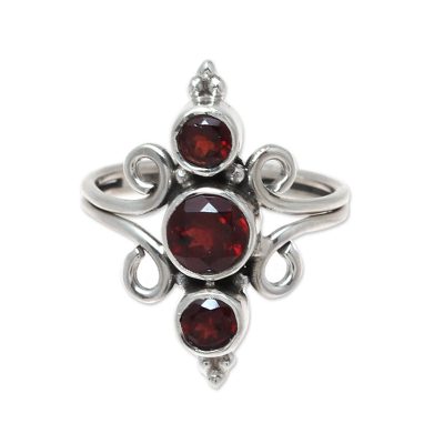 Garnet cocktail ring, 'Trio Glitter' - Garnet Trio Cocktail Ring Crafted in India