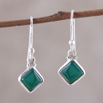 Onyx dangle earrings, 'Happy Kites in Green' - Square Green Onyx Dangle Earrings from India