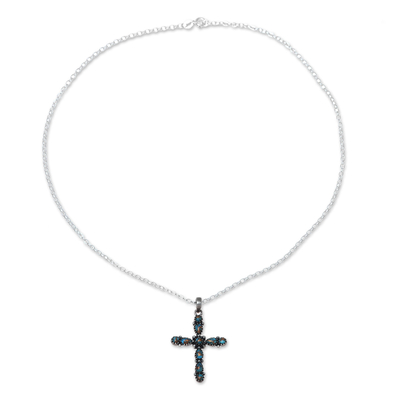 Sterling silver pendant necklace, 'Vibrant Cross' - 925 Sterling Silver and Composite Turquoise Cross Necklace