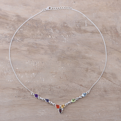 Multi-gemstone pendant necklace, 'Shimmering Harmony' - Multi-Gemstone Sterling Silver Chakra Necklace from India