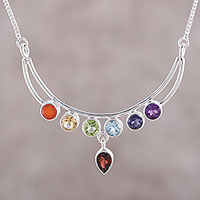 Multi-gemstone pendant necklace, 'Peaceful Crescent' - Handmade Sterling Silver and Multi-Gemstone Chakra Necklace