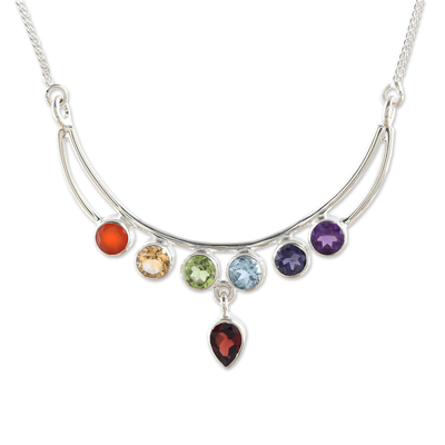 Multi-gemstone pendant necklace, 'Peaceful Crescent' - Handmade Sterling Silver and Multi-Gemstone Chakra Necklace