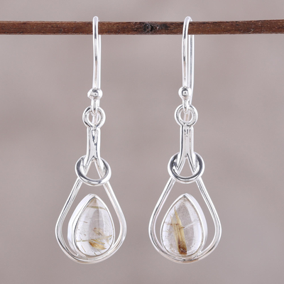 Rutilated quartz dangle earrings, 'Fascinating Droplets' - Golden Rutilated Quartz and Sterling Silver Dangle Earrings