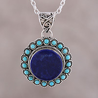 Lapis lazuli pendant necklace, 'Glamorous Bloom' - Lapis Lazuli and Composite Turquoise Pendant Necklace