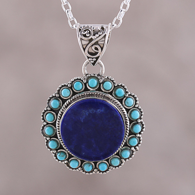 Lapis lazuli pendant necklace, 'Glamorous Bloom' - Lapis Lazuli and Composite Turquoise Pendant Necklace