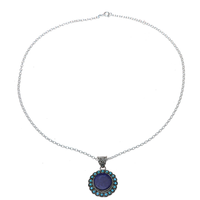 Lapis lazuli pendant necklace, 'Glamorous Bloom' - Lapis Lazuli and Composite Turquoise Pendant Necklace