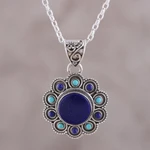 Lapis lazuli pendant necklace, 'Magical Bloom' - Lapis Lazuli and Composite Turquoise Flower Pendant Necklace