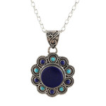 Lapis lazuli pendant necklace, 'Magical Bloom' - Lapis Lazuli and Composite Turquoise Flower Pendant Necklace