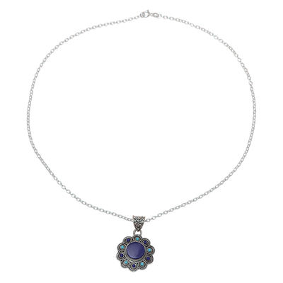 Lapis lazuli pendant necklace, 'Magical Bloom' - Lapis Lazuli and Composite Turquoise Flower Pendant Necklace