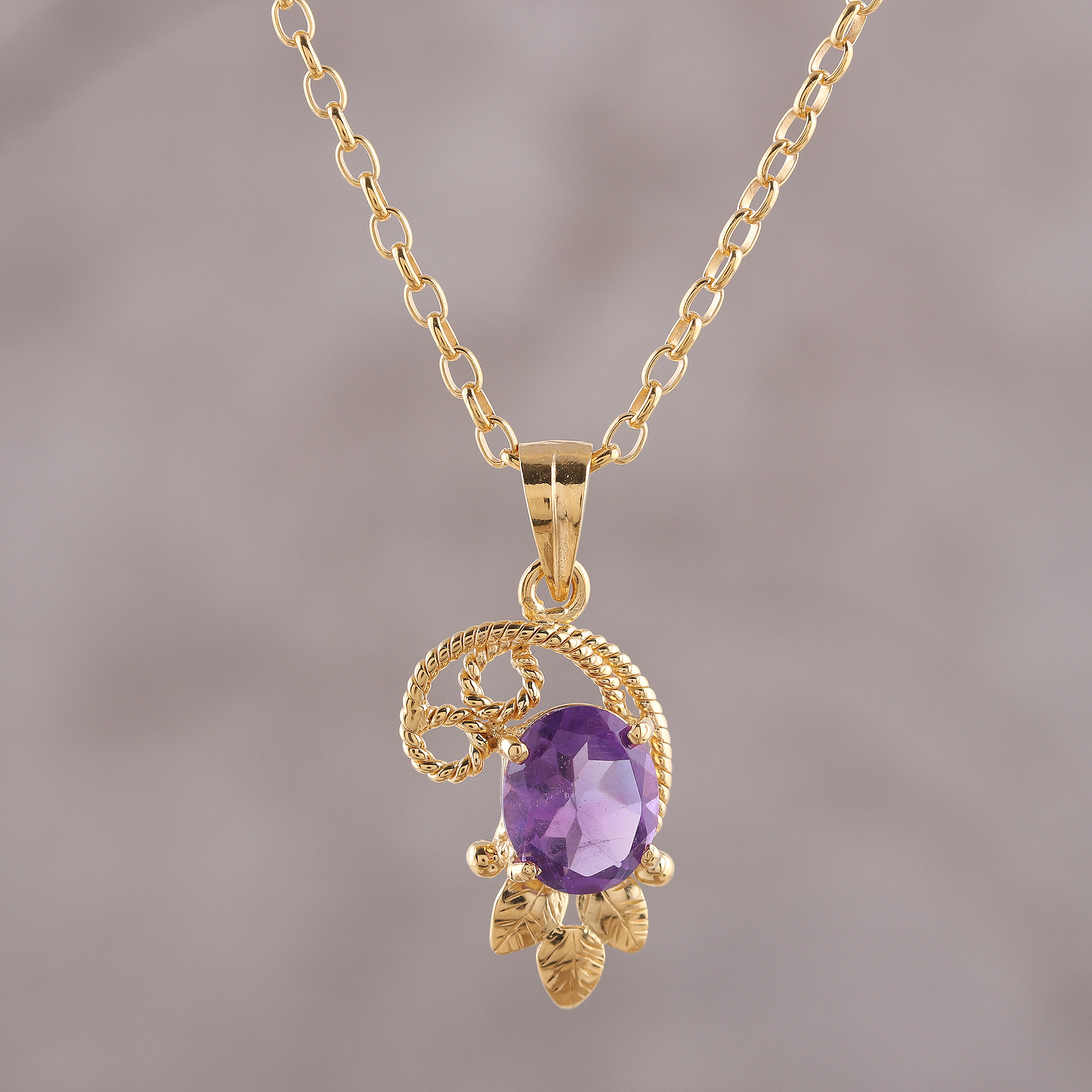 22K Gold plated 925 Sterling Silver Chain Necklace with Amethyst Quartz Round Bezel Gemstone