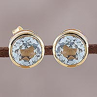 Gold plated blue topaz stud earrings, 'Sparkling World'