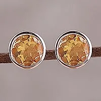 Rose gold plated citrine stud earrings, 'Sparkling World' - 22k Rose Gold Plated Faceted Citrine Stud Earrings