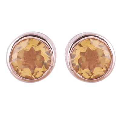 Rose gold plated citrine stud earrings, 'Sparkling World' - 22k Rose Gold Plated Faceted Citrine Stud Earrings