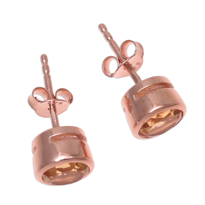 Rose gold plated citrine stud earrings, 'Sparkling World' - 22k Rose Gold Plated Faceted Citrine Stud Earrings