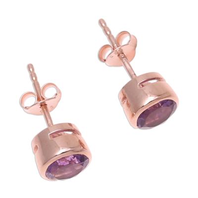 Rose gold plated amethyst stud earrings, 'Sparkling World' - 22k Rose Gold Plated Faceted Amethyst Stud Earrings