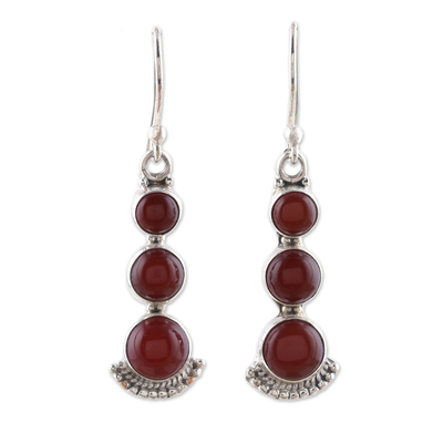 Carnelian dangle earrings, 'Triple Gleam' - Round Carnelian and Sterling Silver Dangle Earrings