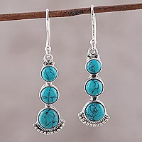 Composite turquoise dangle earrings, 'Triple Gleam' - Round Sterling Silver and Composite Turquoise Earrings