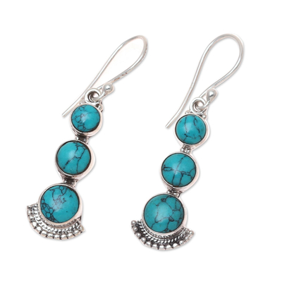 Composite turquoise dangle earrings, 'Triple Gleam' - Round Sterling Silver and Composite Turquoise Earrings