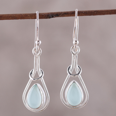 Chalcedony dangle earrings, 'Droplet Flair' - Drop-Shaped Blue Chalcedony Dangle Earrings from India