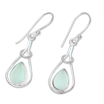 Chalcedony dangle earrings, 'Droplet Flair' - Drop-Shaped Blue Chalcedony Dangle Earrings from India