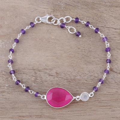 Multi-Edelstein-Anhänger-Armband, „Bunte Eleganz in Rosa“. - Multi-Gemstone Link-Anhänger-Armband in Rosa aus Indien