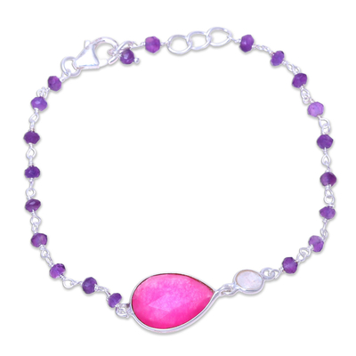 Multi-gemstone pendant bracelet, 'Colorful Elegance in Pink' - Multi-Gemstone Link Pendant Bracelet in Pink from India