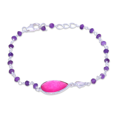 Multi-gemstone pendant bracelet, 'Colorful Elegance in Pink' - Multi-Gemstone Link Pendant Bracelet in Pink from India