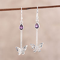 Amethyst dangle earrings, 'Alighting Butterfly' - Amethyst Butterfly Dangle Earrings from India