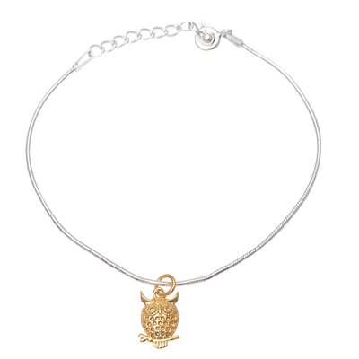 Gold Accented Sterling Silver Owl Chain Bracelet from India