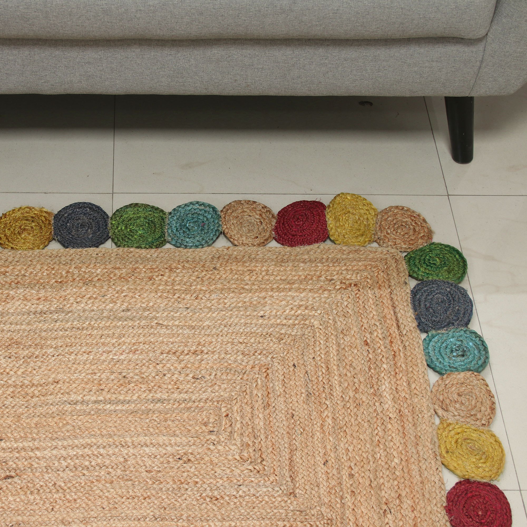 Jute Area Rug with Colorful Circles from India (3x5) Natural Circles NOVICA